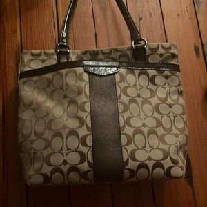 Coach Signature Stripe Brown And Khaki Tote Shoulder Bag Purse